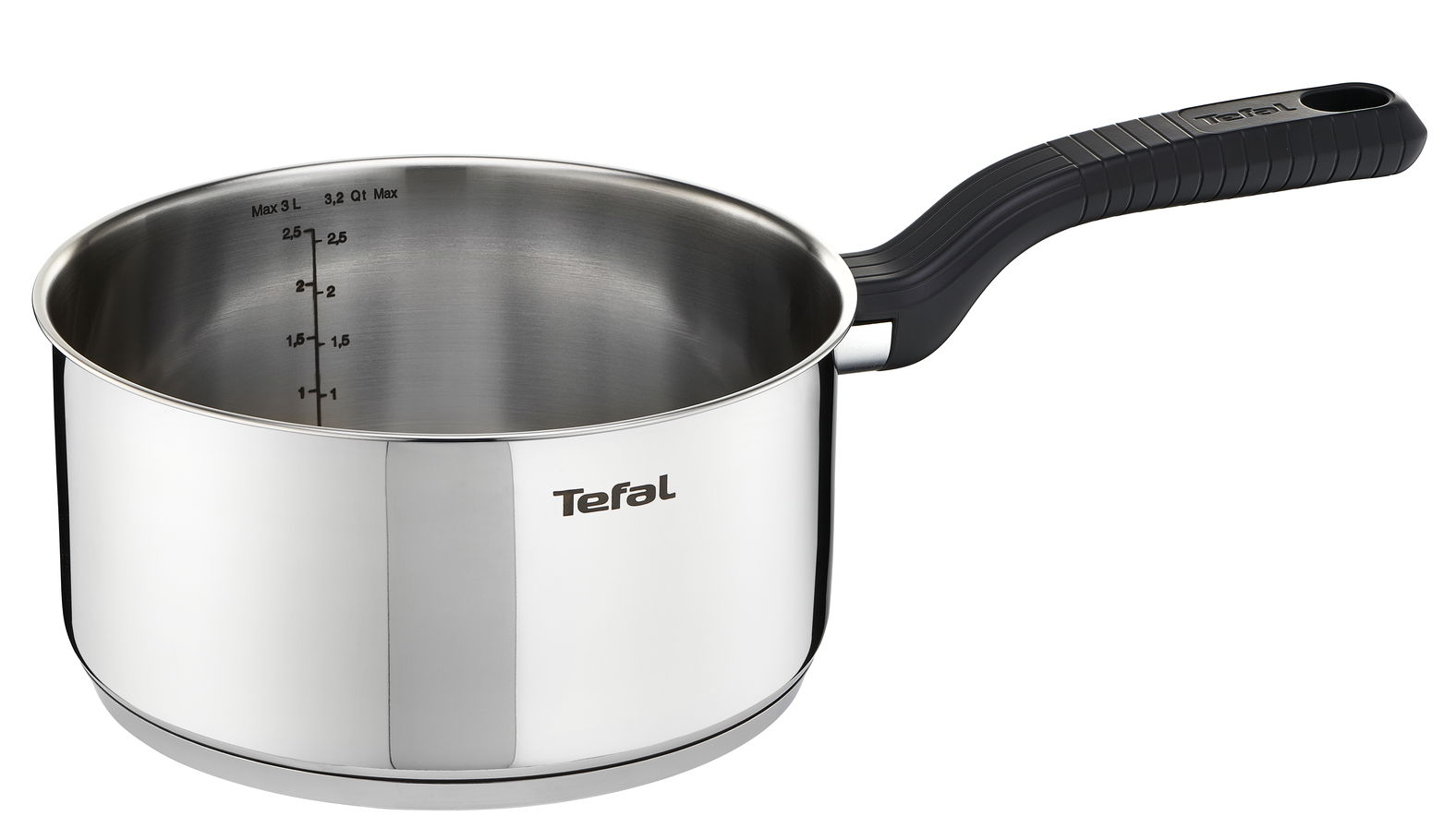 Edelstahlkochtopf mit Messskala und schwarzem Griff, seitliche Perspektive