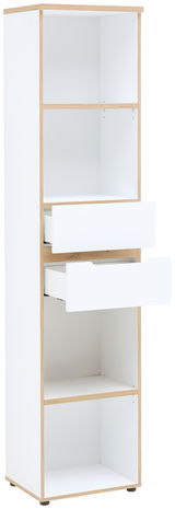 Schmales Regal mit zwei offenen Fächern und zwei Schubladen, Perspektive von vorne