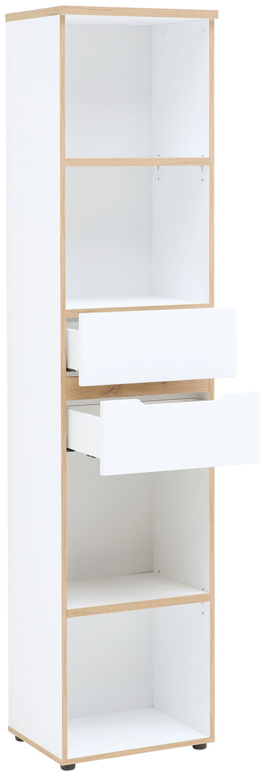 Schmales Regal mit zwei offenen Fächern und zwei Schubladen, Perspektive von vorne