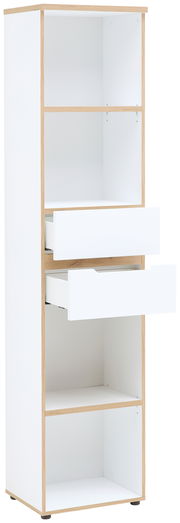 Schmales Regal mit zwei offenen Fächern und zwei Schubladen, Perspektive von vorne