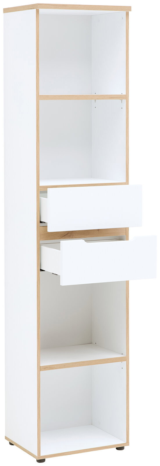 Schmales Regal mit zwei offenen Fächern und zwei Schubladen, Perspektive von vorne