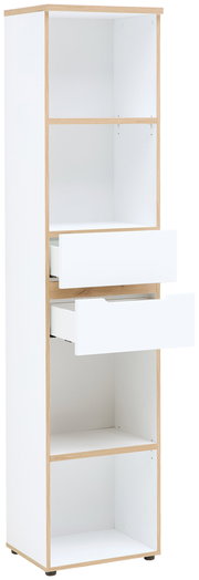 Schmales Regal mit zwei offenen Fächern und zwei Schubladen, Perspektive von vorne