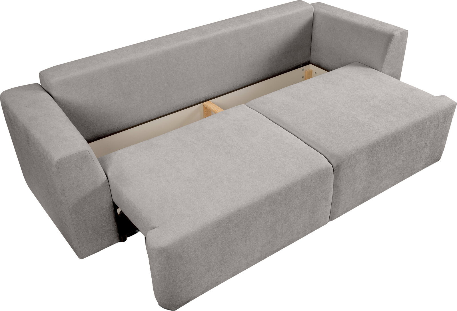 Graues Schlafsofa mit ausgezogener Liegefläche und Armlehnen, in Schrägansicht von oben (3/4-Perspektive) auf weißem Hintergrund.