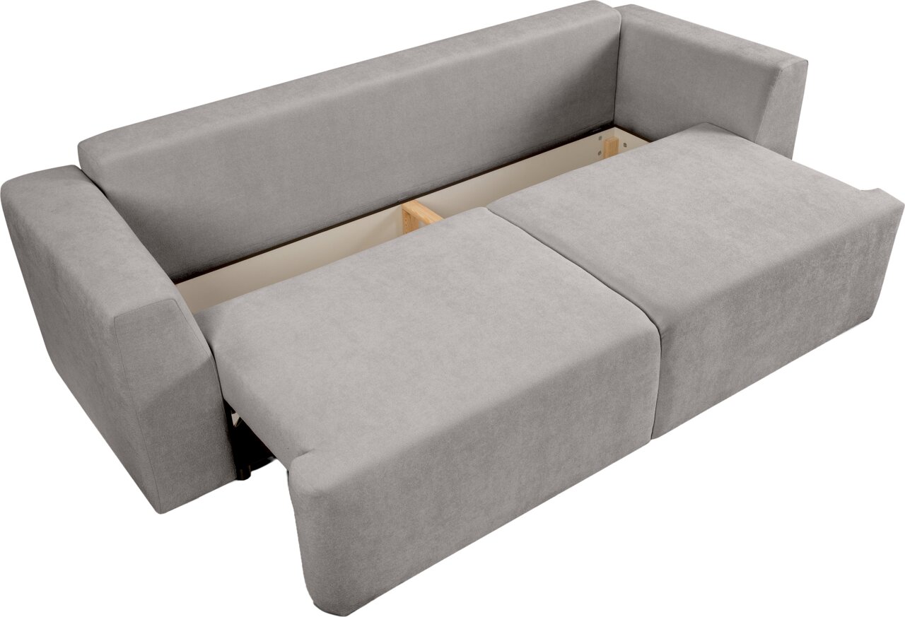 Graues Schlafsofa mit ausgezogener Liegefläche und Armlehnen, in Schrägansicht von oben (3/4-Perspektive) auf weißem Hintergrund.
