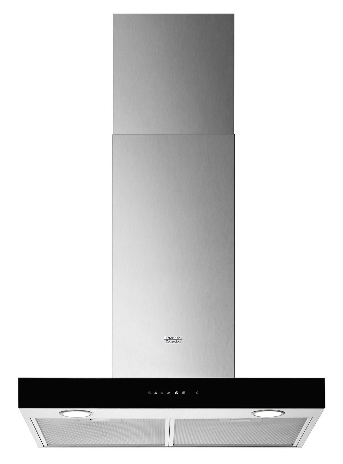 Dieter Knoll Wandhaube DK6HB470Y Moderne Wandhaube aus Edelstahl mit schwarzer Frontblende, Frontalansicht