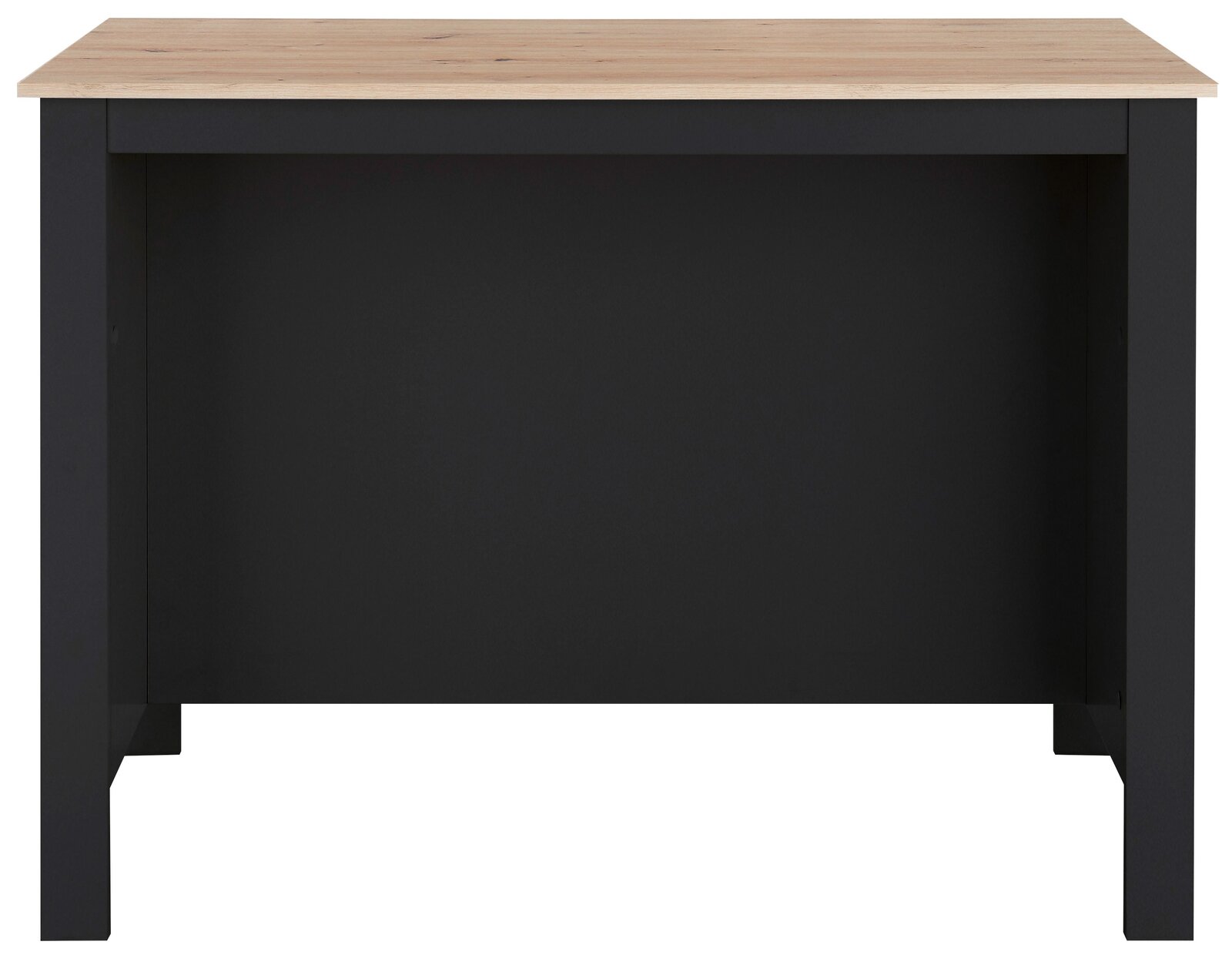 Kücheninsel mit schwarzem Korpus und heller Holzplatte, Frontalansicht