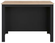 Kücheninsel mit schwarzem Korpus und heller Holzplatte, Frontalansicht