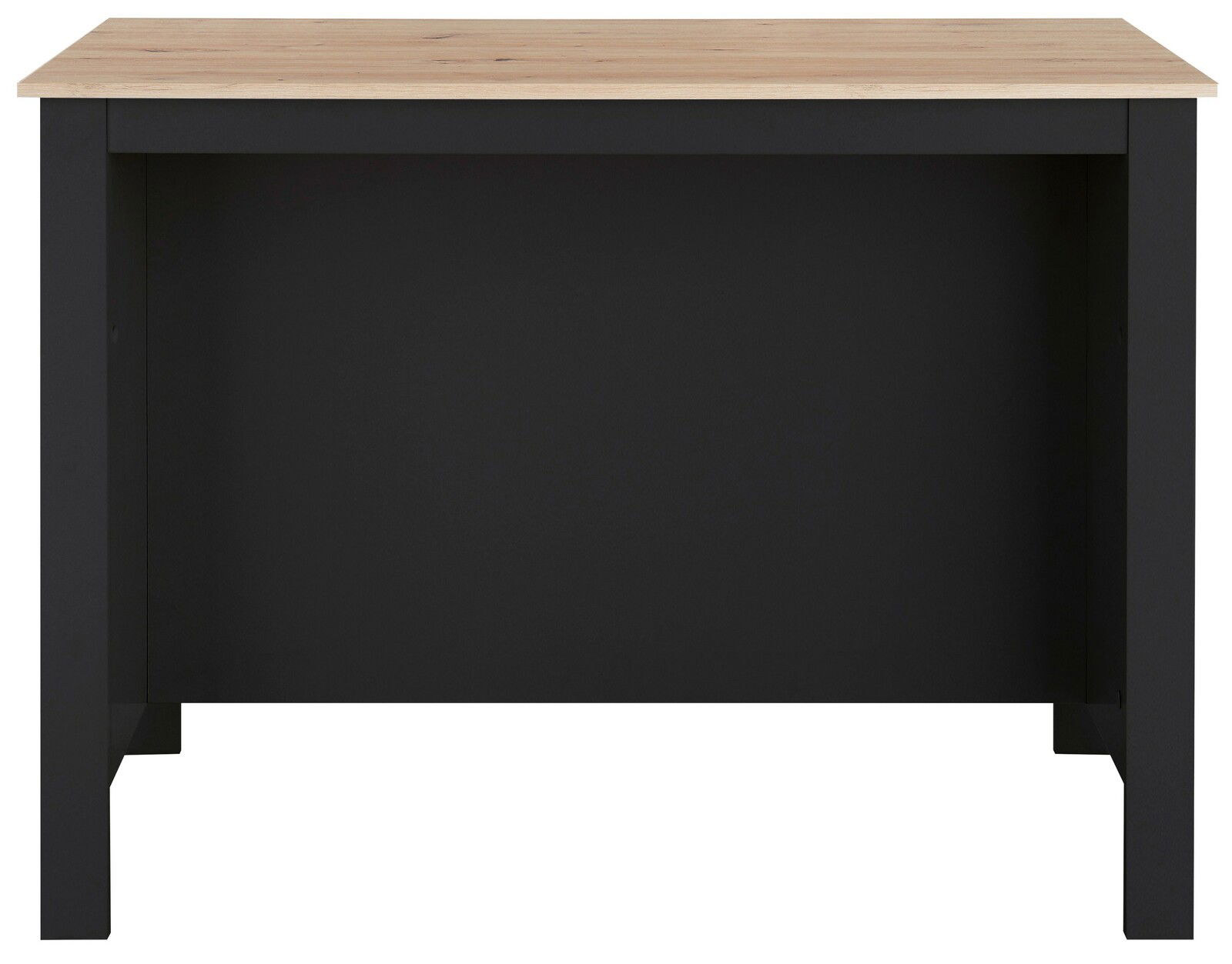 Kücheninsel mit schwarzem Korpus und heller Holzplatte, Frontalansicht