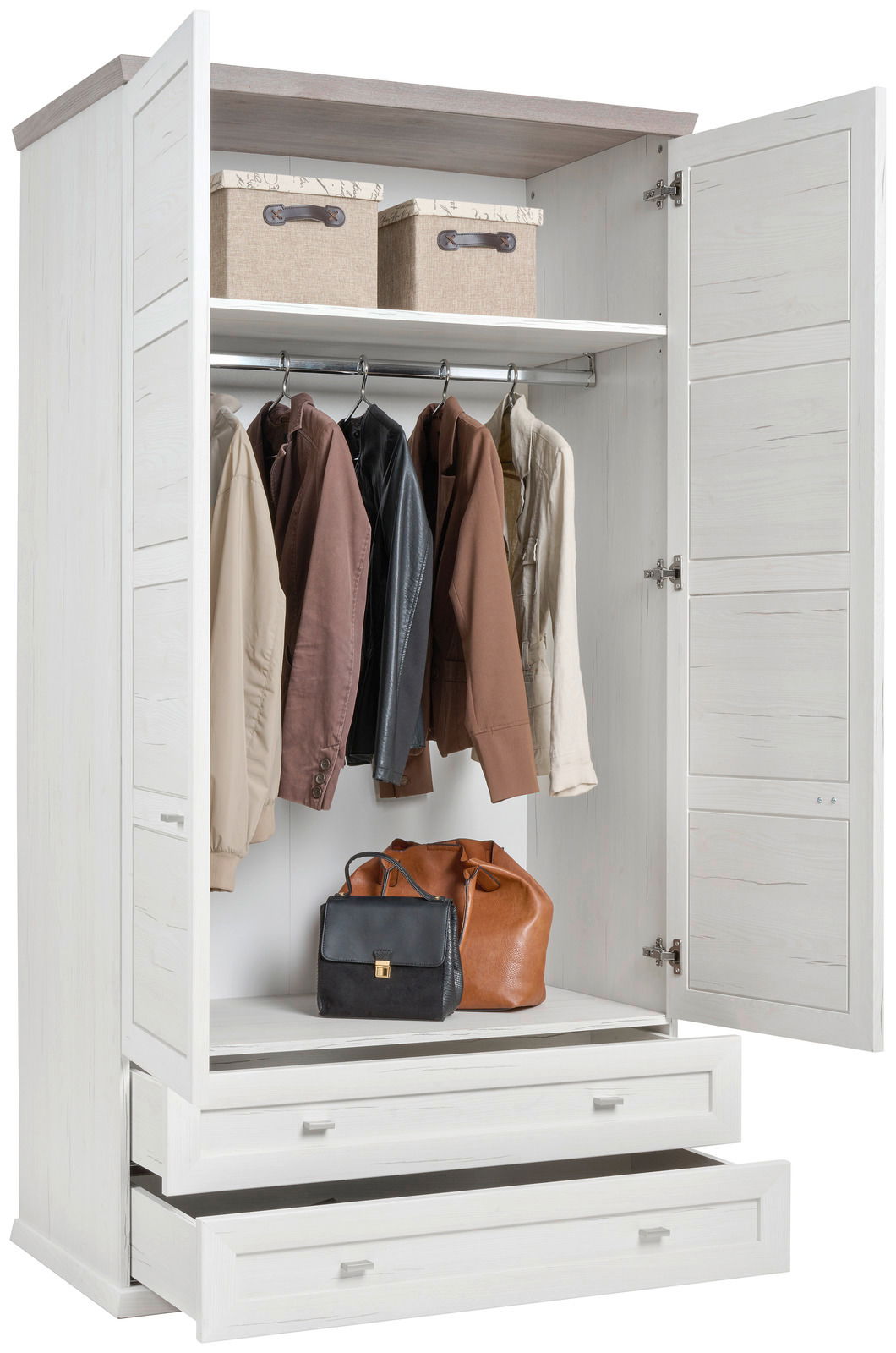 Offener XL-Garderobenschrank in Weiß mit zwei Schubladen, Kleiderstange mit Jacken und zwei Aufbewahrungsboxen, frontal betrachtet.