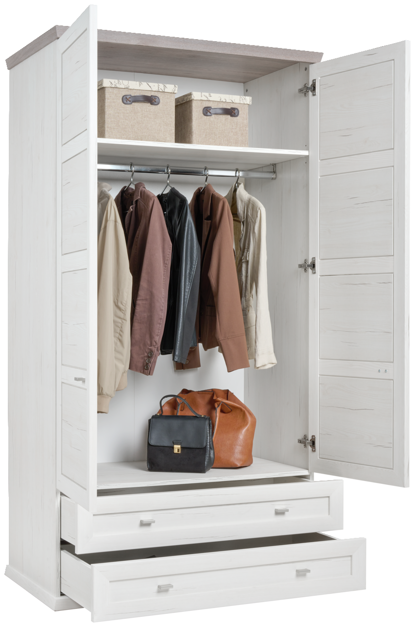 Offener XL-Garderobenschrank in Weiß mit zwei Schubladen, Kleiderstange mit Jacken und zwei Aufbewahrungsboxen, frontal betrachtet.