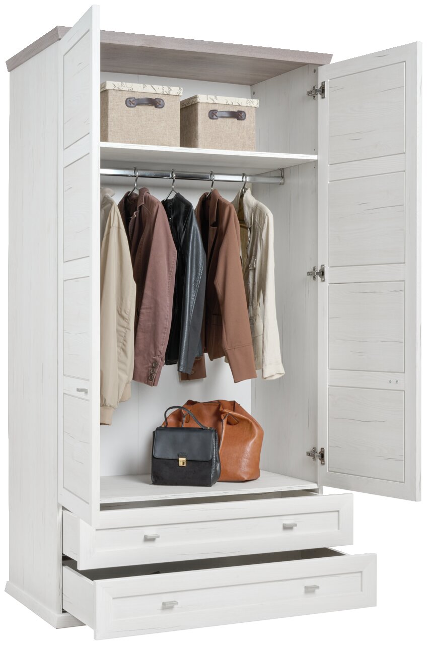 Offener XL-Garderobenschrank in Weiß mit zwei Schubladen, Kleiderstange mit Jacken und zwei Aufbewahrungsboxen, frontal betrachtet.