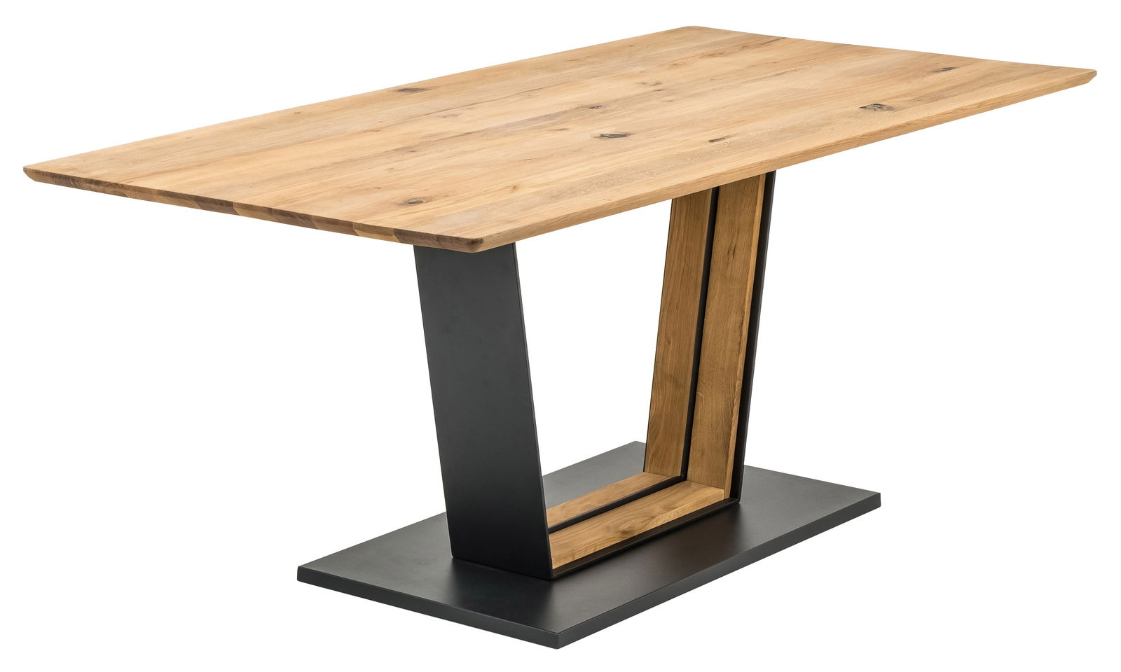 Moderner Esstisch aus Holz mit schwarzem Metallgestell, seitliche Perspektive