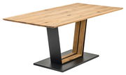 Moderner Esstisch aus Holz mit schwarzem Metallgestell, seitliche Perspektive
