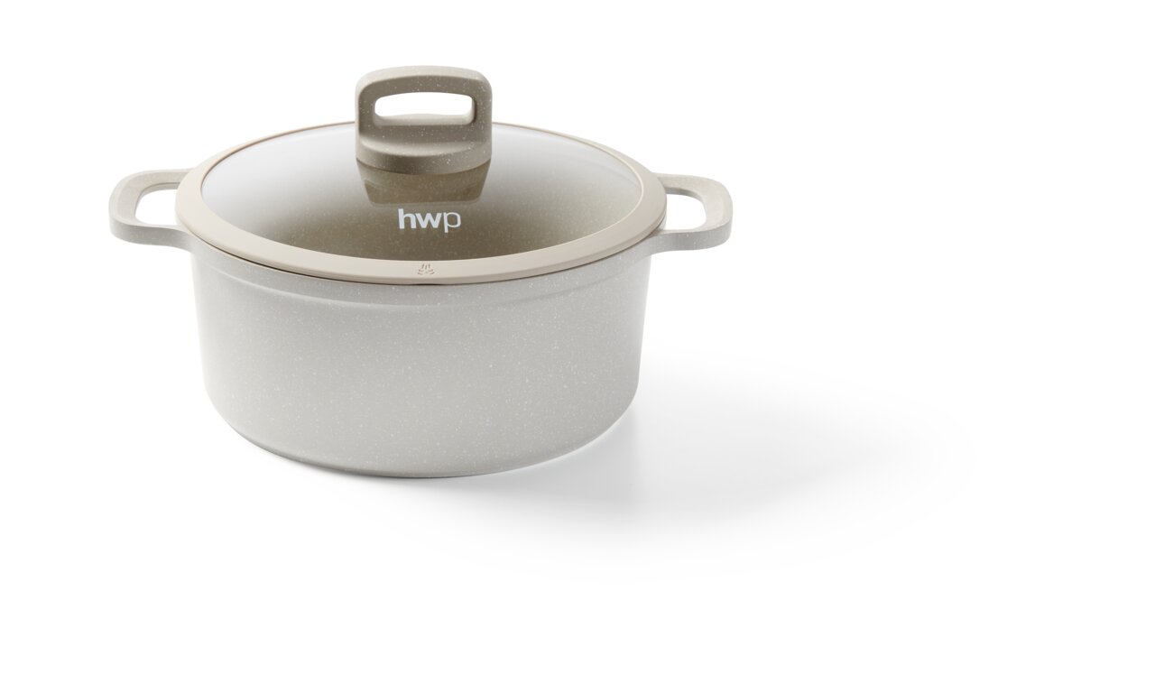 Moderner Kochtopf mit Glasdeckel und zwei Griffen, seitliche Perspektive