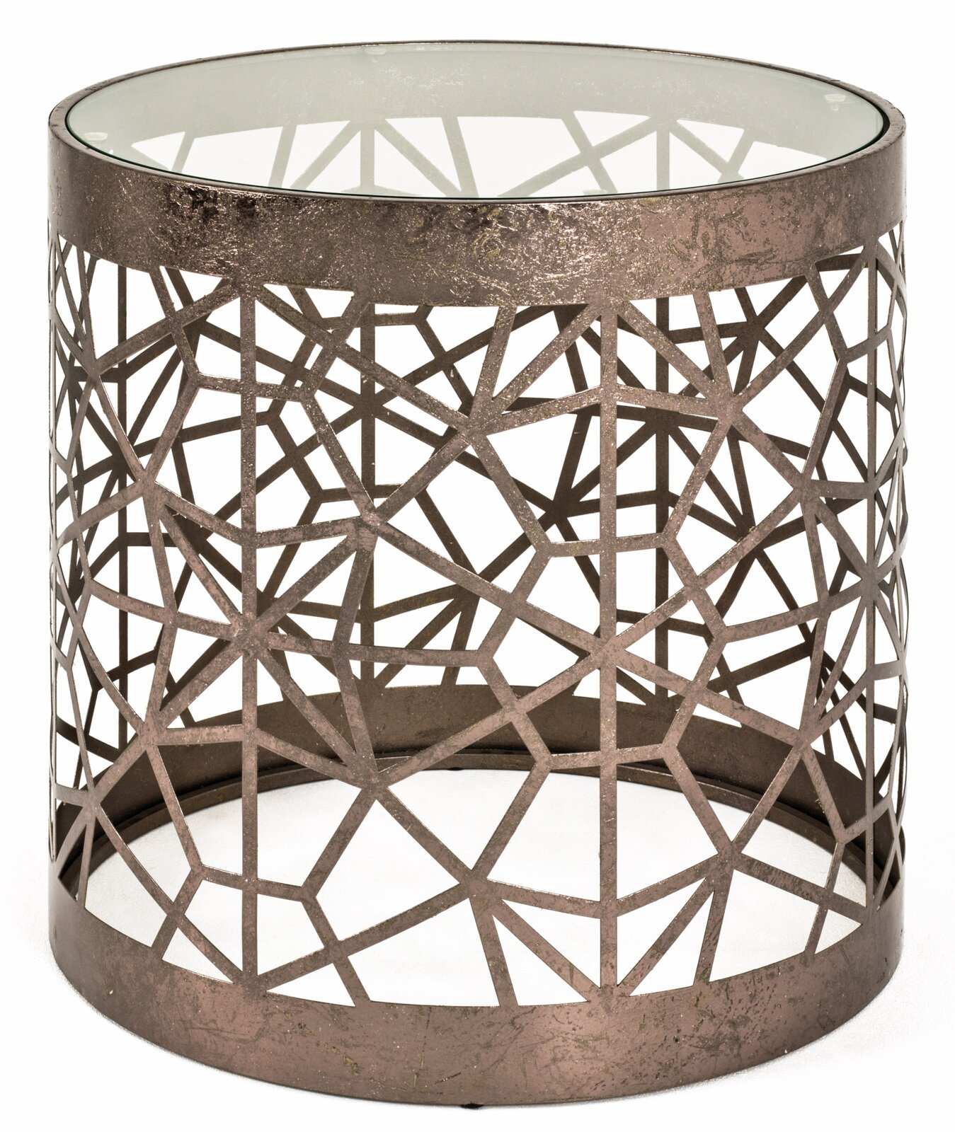 Runder Beistelltisch mit Glasplatte und bronzefarbenem Metallgestell im geometrischen Netz-Design, freigestellt auf weißem Hintergrund, Frontansicht leicht von oben