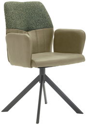 Moderner Armlehnstuhl mit grünem Stoffbezug und schwarzem Metallgestell, seitliche Perspektive