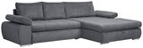 Graues Ecksofa mit Ottomane auf der rechten Seite, moderne und gemütliche Optik, seitliche Perspektive
