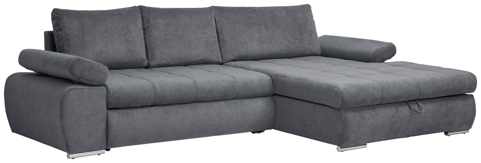 Graues Ecksofa mit Ottomane auf der rechten Seite, moderne und gemütliche Optik, seitliche Perspektive