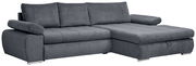 Graues Ecksofa mit Ottomane auf der rechten Seite, moderne und gemütliche Optik, seitliche Perspektive