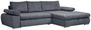 Graues Ecksofa mit Ottomane auf der rechten Seite, moderne und gemütliche Optik, seitliche Perspektive