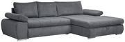 Graues Ecksofa mit Ottomane auf der rechten Seite, moderne und gemütliche Optik, seitliche Perspektive