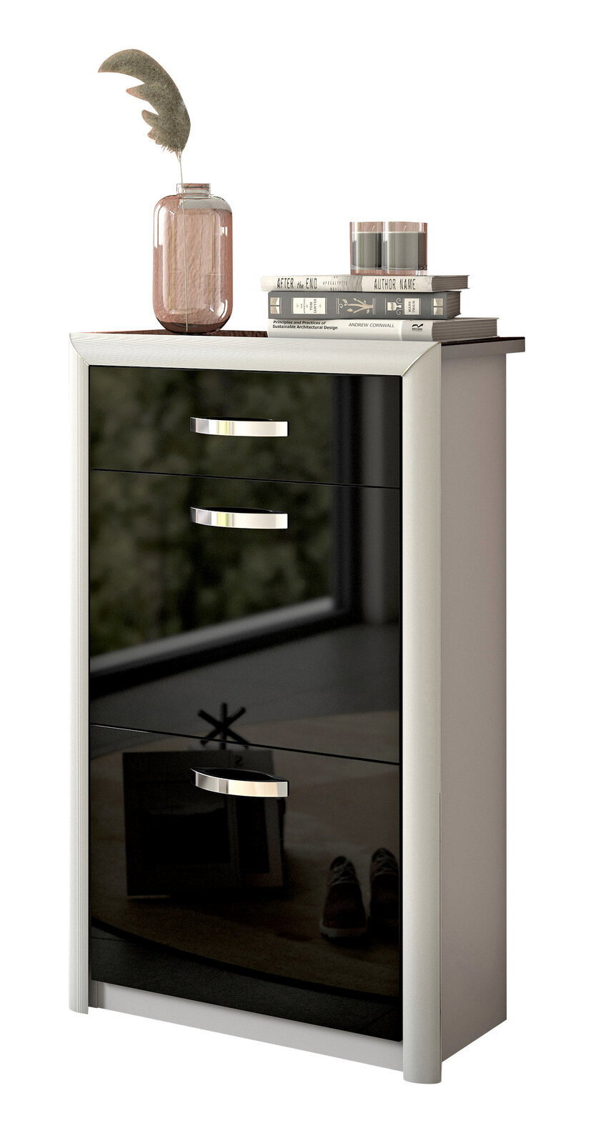 Moderner Schuhschrank mit glänzender schwarzer Front, dekoriert mit Büchern und einer Vase, seitliche Perspektive.