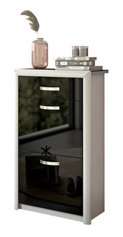 Moderner Schuhschrank mit glänzender schwarzer Front, dekoriert mit Büchern und einer Vase, seitliche Perspektive.