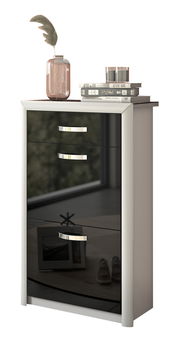 Moderner Schuhschrank mit glänzender schwarzer Front, dekoriert mit Büchern und einer Vase, seitliche Perspektive.