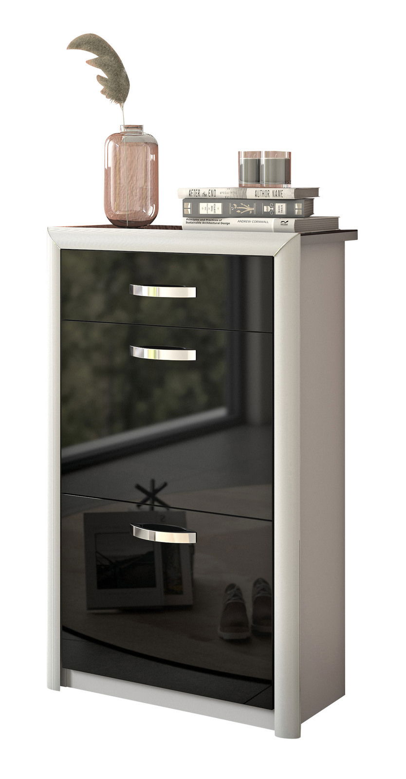 Moderner Schuhschrank mit glänzender schwarzer Front, dekoriert mit Büchern und einer Vase, seitliche Perspektive.