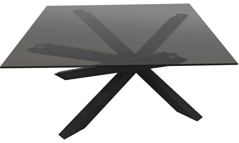 Moderner Couchtisch mit schwarzer Glasplatte und einzigartigem, geometrischem Metallgestell, seitliche Perspektive.