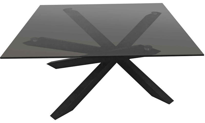 Moderner Couchtisch mit schwarzer Glasplatte und einzigartigem, geometrischem Metallgestell, seitliche Perspektive.