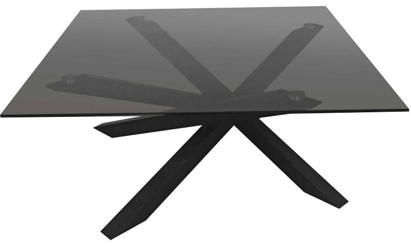 Z2 Couchtisch FRED Moderner Couchtisch mit schwarzer Glasplatte und einzigartigem, geometrischem Metallgestell, seitliche Perspektive.