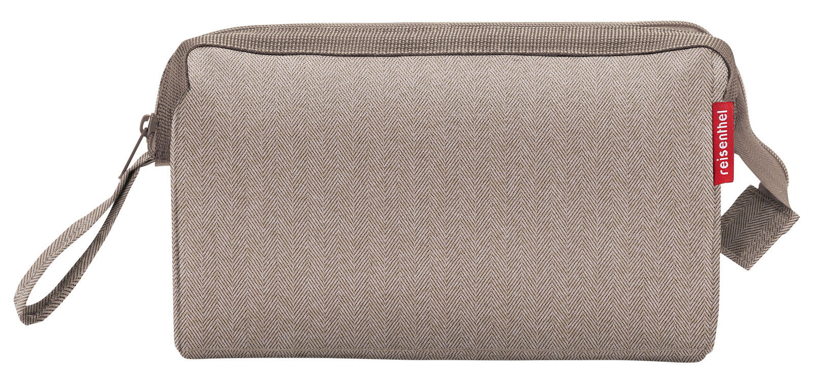 Beige Kulturbeutel mit Fischgrätenmuster, Reißverschluss und Trageschlaufe, Vorderansicht