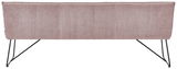 Rückansicht einer modernen Sitzbank mit rosa Stoffbezug und schwarzen Metallbeinen.