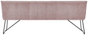 Rückansicht einer modernen Sitzbank mit rosa Stoffbezug und schwarzen Metallbeinen.
