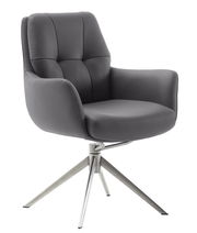 Moderner grauer Armlehnstuhl mit Metallbeinen, seitliche Perspektive