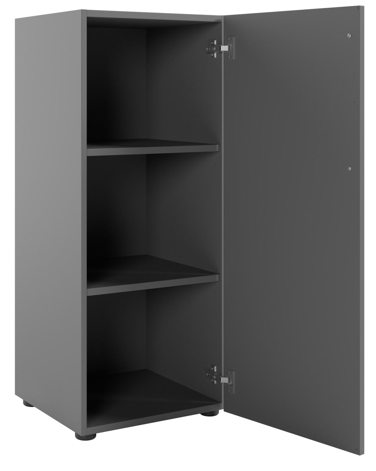 Grauer Aktenschrank mit drei Fächern und geöffneter Tür, Perspektive von vorne rechts