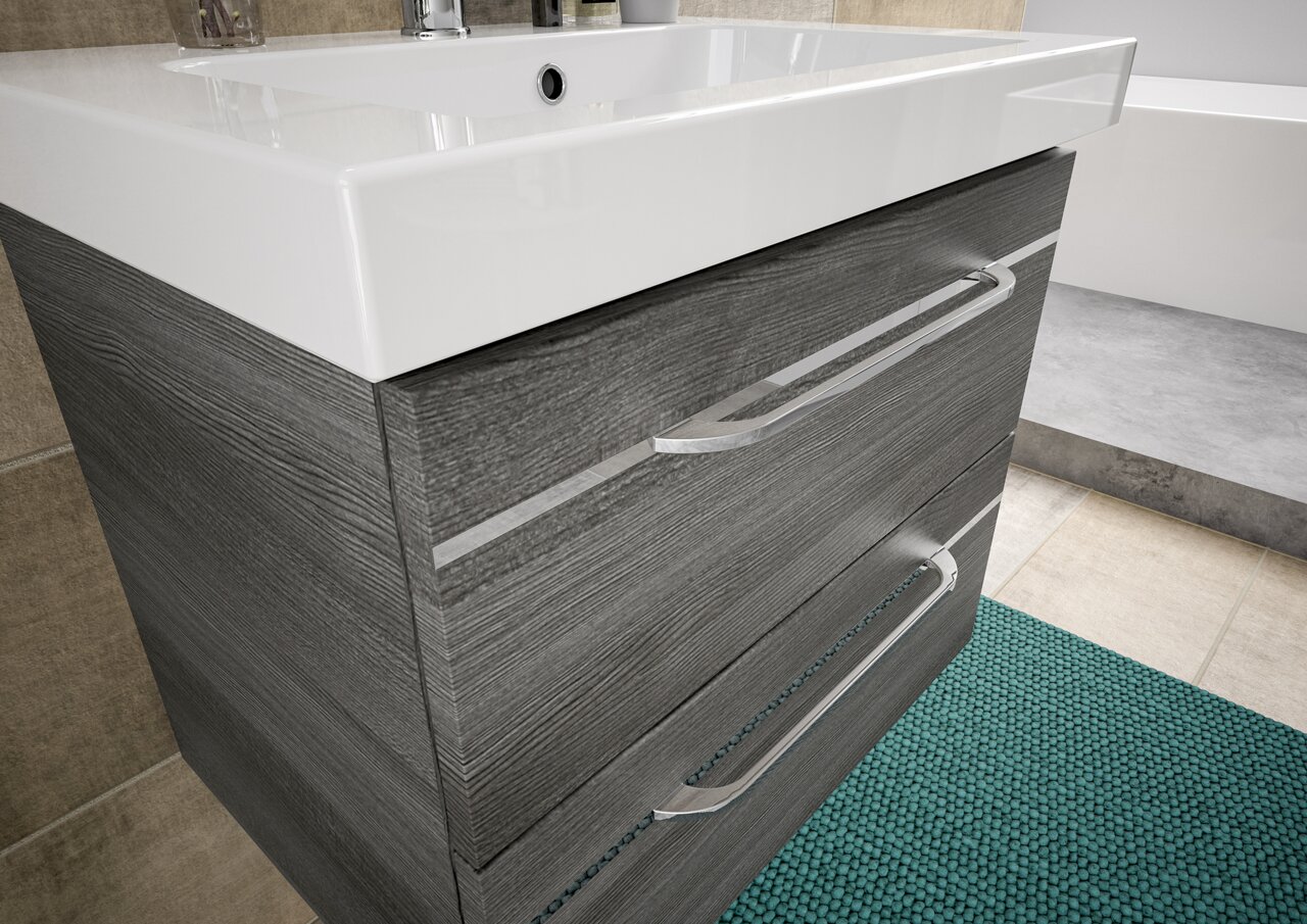 Moderne Waschtischlösung mit grauem Holzfinish und zwei Schubladen, seitliche Perspektive