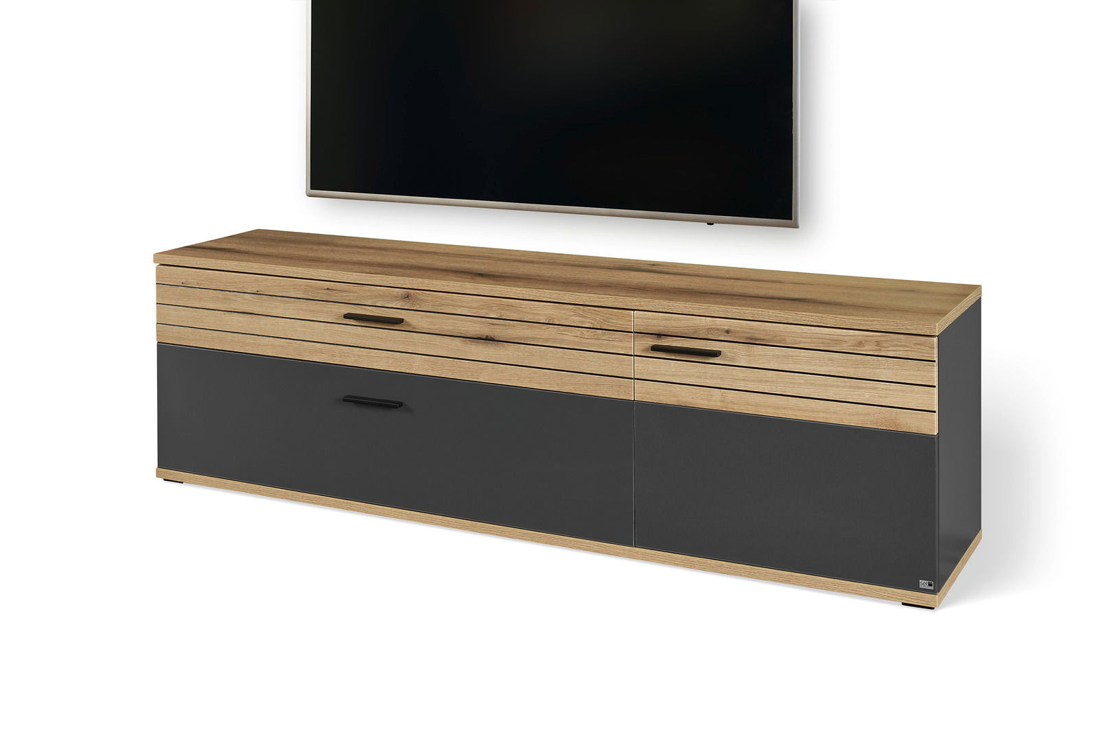 TV-Lowboard aus Holz und dunklem Material, frontal betrachtet