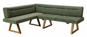 Grüne Eckbank mit Holzbeinen, seitliche Perspektive