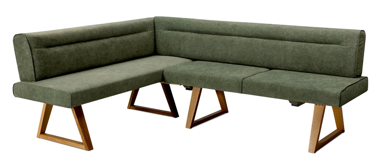 Moderano Eckbank LAURA Grüne Eckbank mit Holzbeinen, seitliche Perspektive