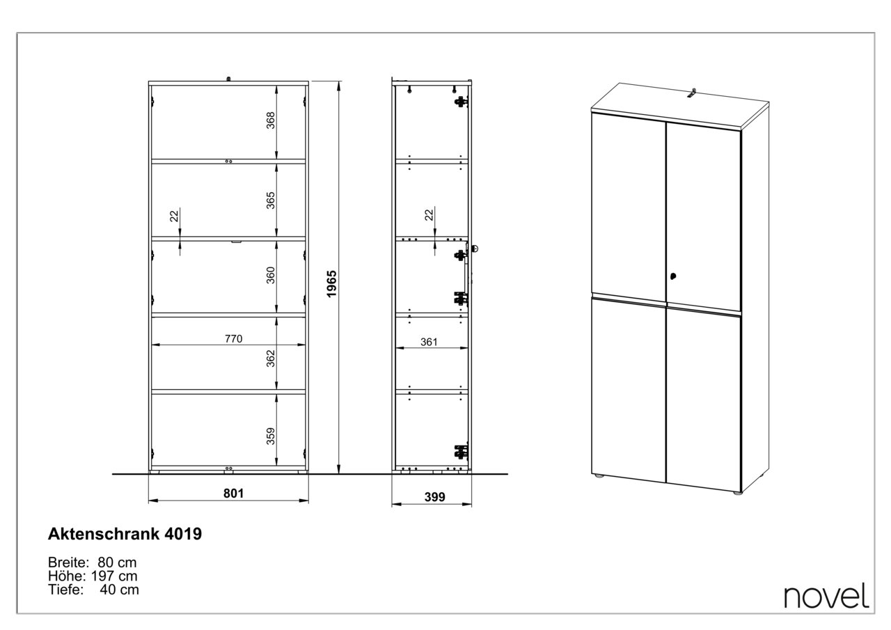 Zeichnung eines hohen Aktenschranks mit zwei Türen, frontal und seitlich dargestellt, Maße: Breite 80 cm, Höhe 197 cm, Tiefe 40 cm.