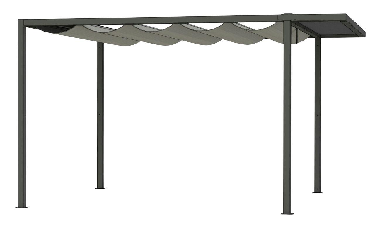 Seitliche Ansicht einer modernen Dacherweiterung mit Metallrahmen und gewelltem Dach.