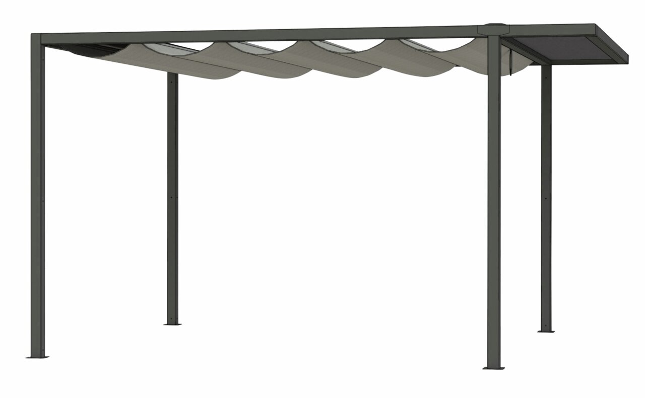 Zijaanzicht van een moderne dakuitbreiding met metalen frame en een golfdak.