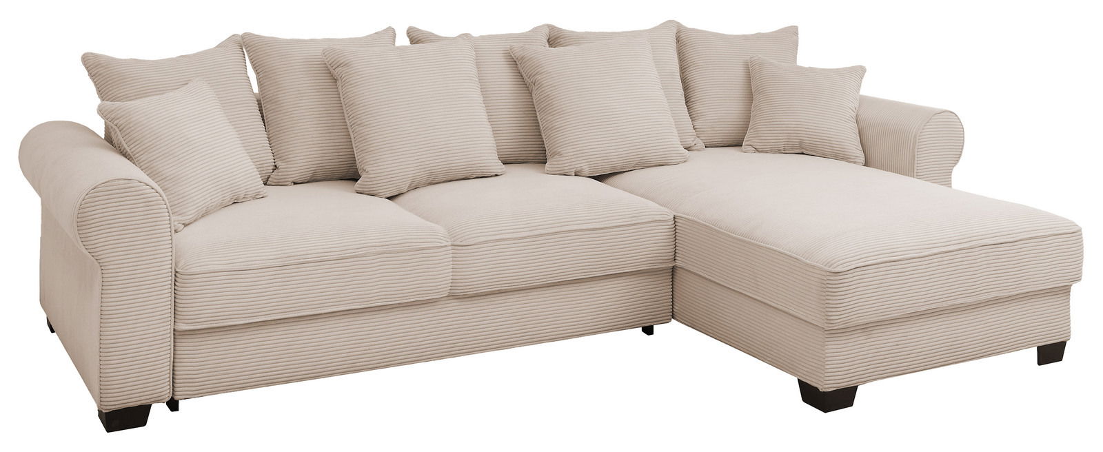 Beige Ecksofa mit mehreren Kissen, aus einer leicht erhöhten Perspektive fotografiert