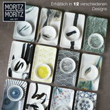 Vogelperspektive auf ein Sushi-Set mit 10 rechteckigen Tellern und passenden Schälchen, verziert mit verschiedenen blauen und schwarzen Mustern sowie floralen Designs.