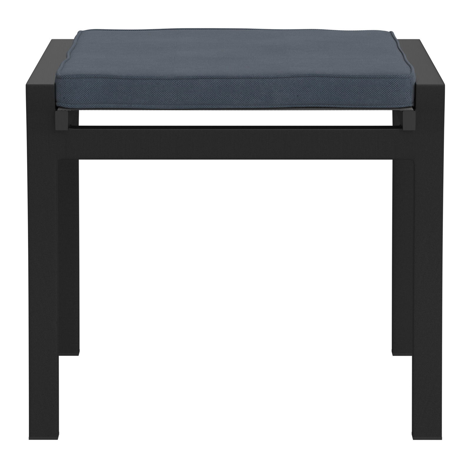 Moderner Hocker mit schwarzem Metallrahmen und dunkelblauem Sitzpolster, Frontalansicht.