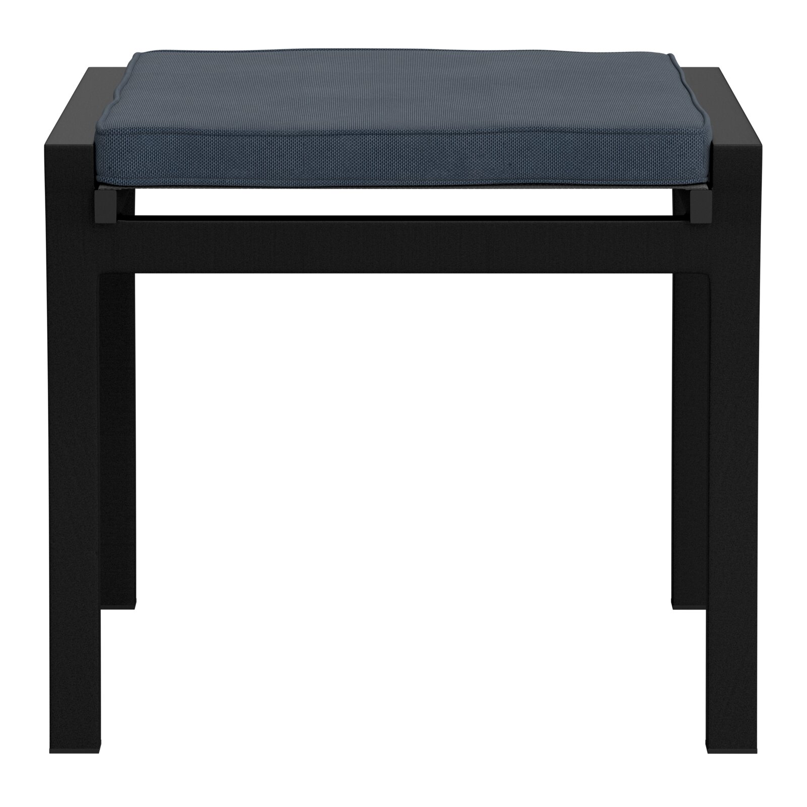 Moderne poef met zwart metalen frame en donkerblauwe zitting, vooraanzicht.