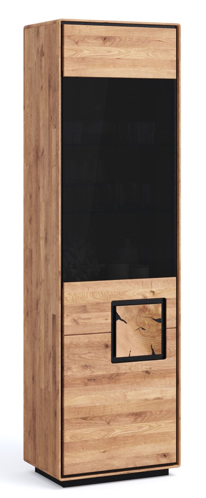 Landscape Vitrine I (links) BRIXEN Hoher Holzschrank/Vitrine in Eichenoptik mit schwarzer Front und dekorativem Holzeinsatz, freigestellt auf weißem Hintergrund, Perspektive: leicht von vorn links