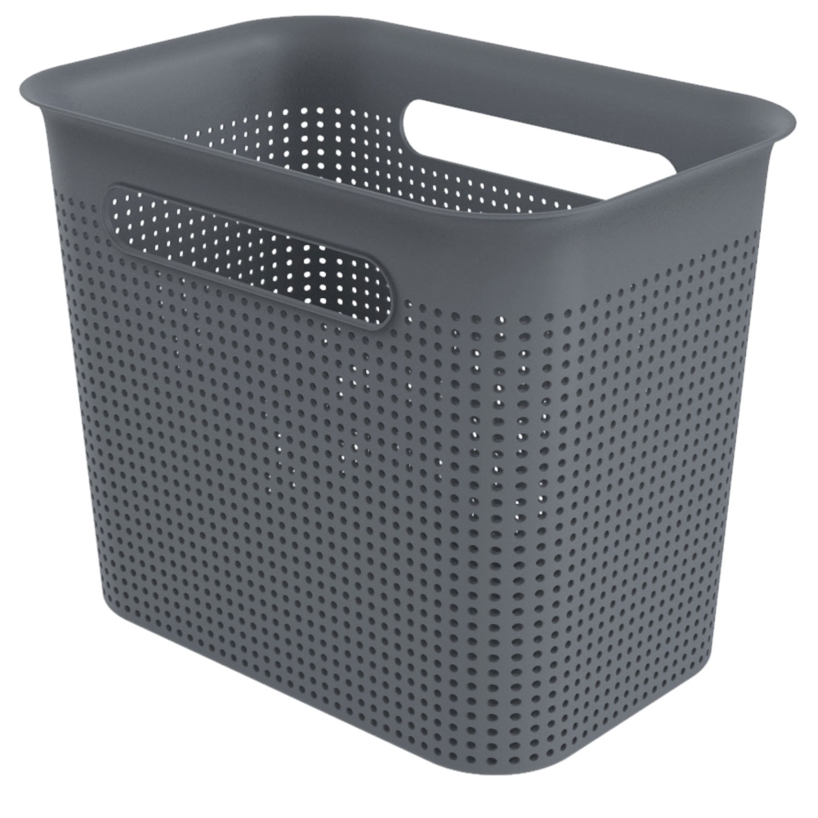 rotho Box BRISEN Graue, schmale Aufbewahrungsbox mit perforierten Seiten und Griffen, seitliche Perspektive